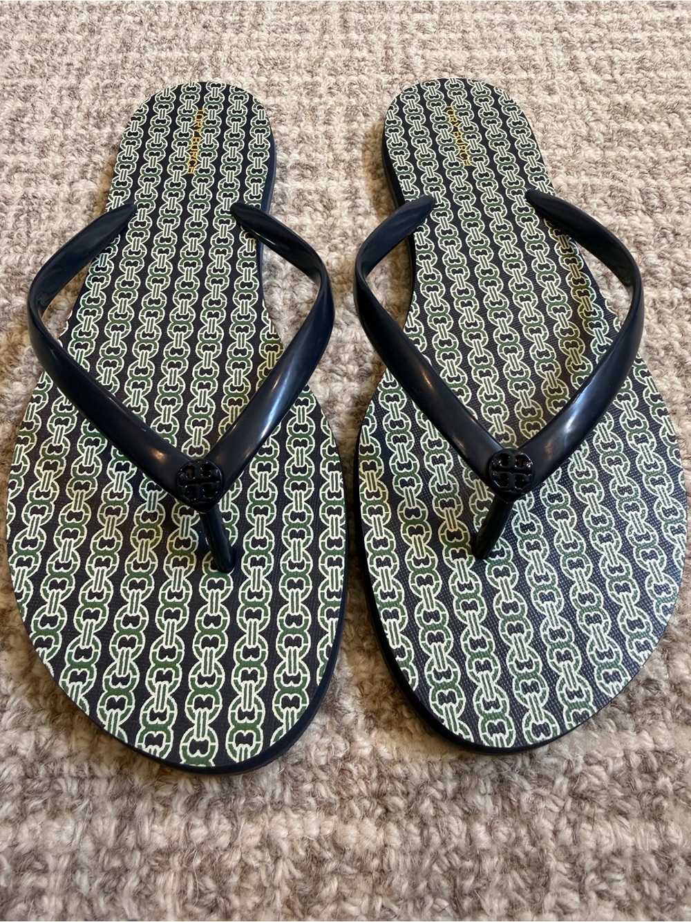 Tory Burch Rubber Flip Flops with Patterned Green & Navy Footbed